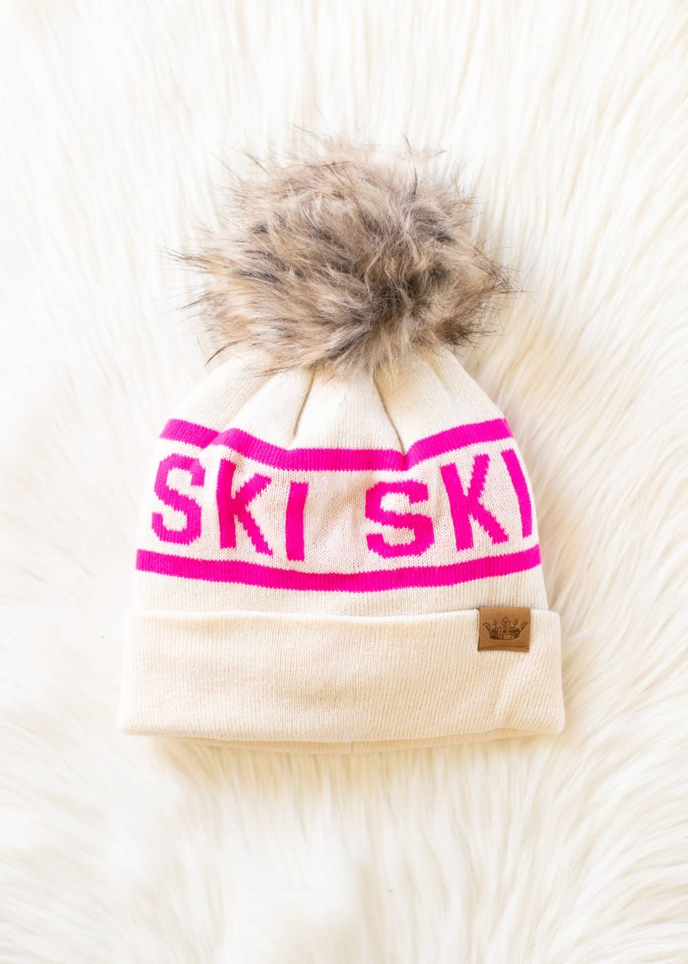 Beige & Pink Ski Pom Hat
