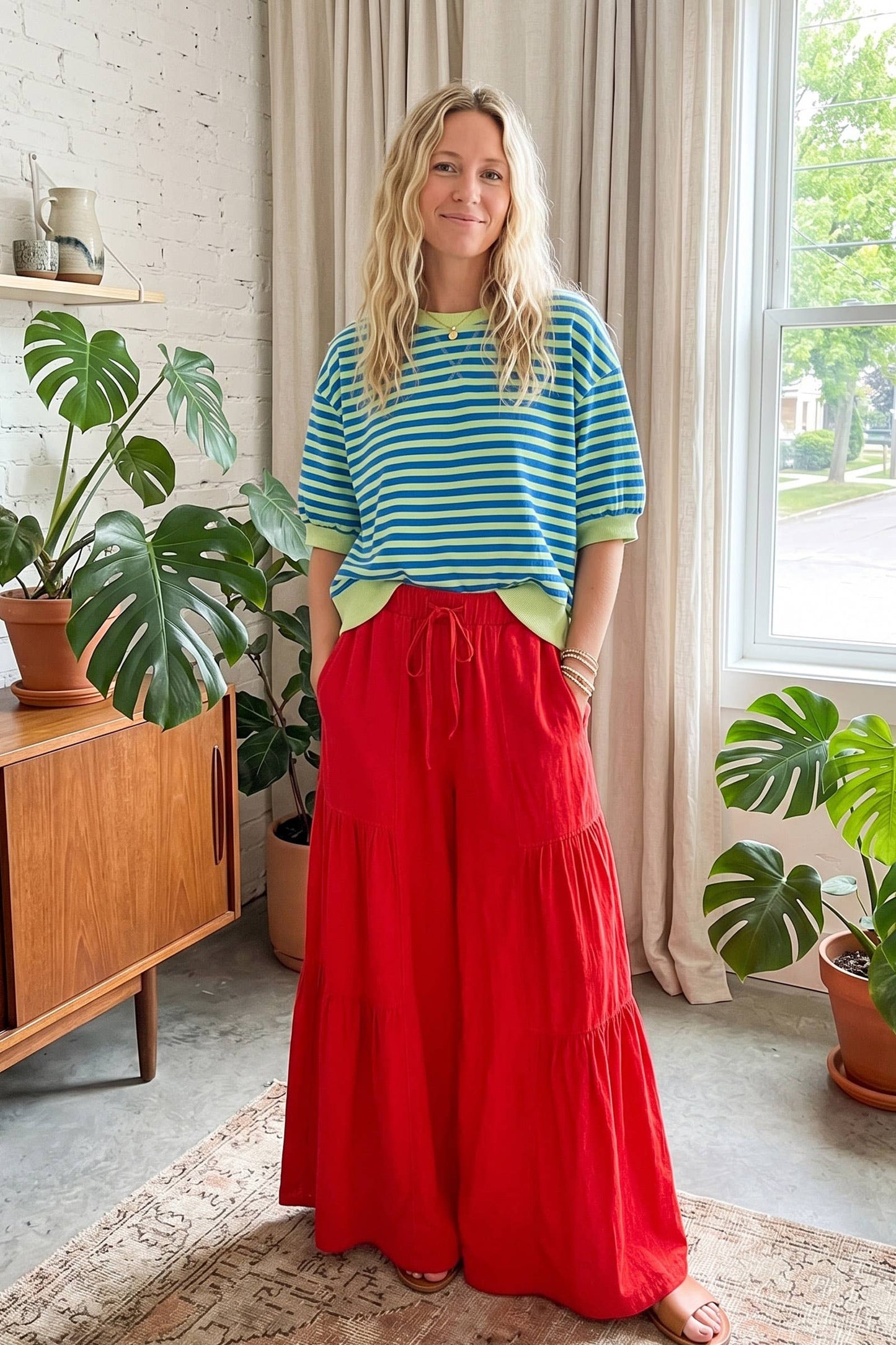 Linen Blend Tiered Wide Leg Palazzo Full Length Pants