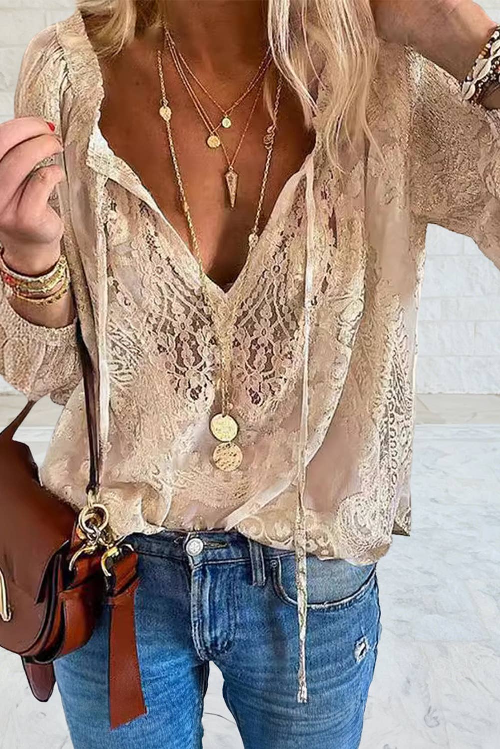 Lace Long Sleeve Tie V Neck Blouse