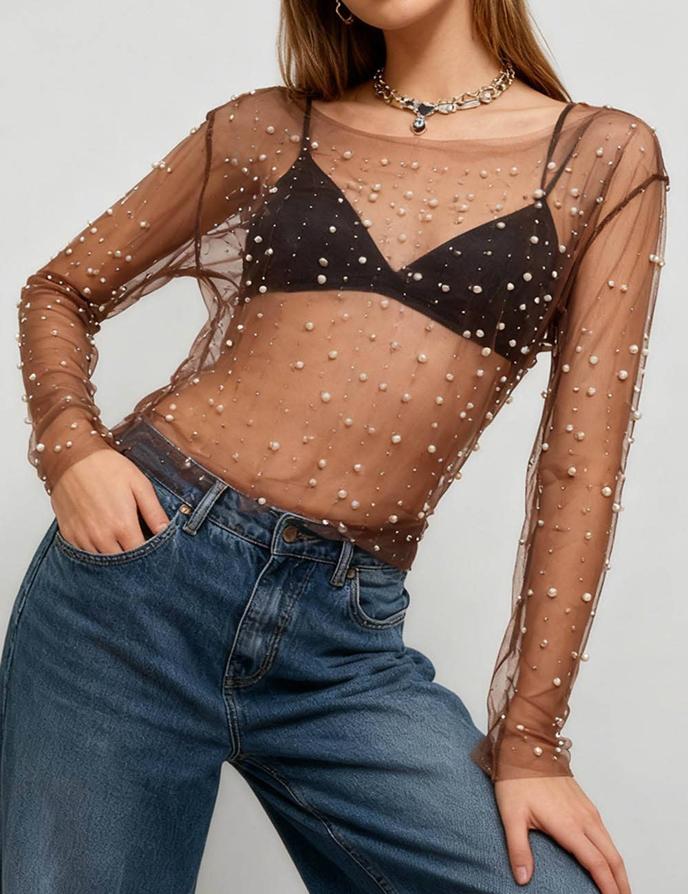 Pearl Rhinestone Studded See Through Mesh Crop Top SKT1976