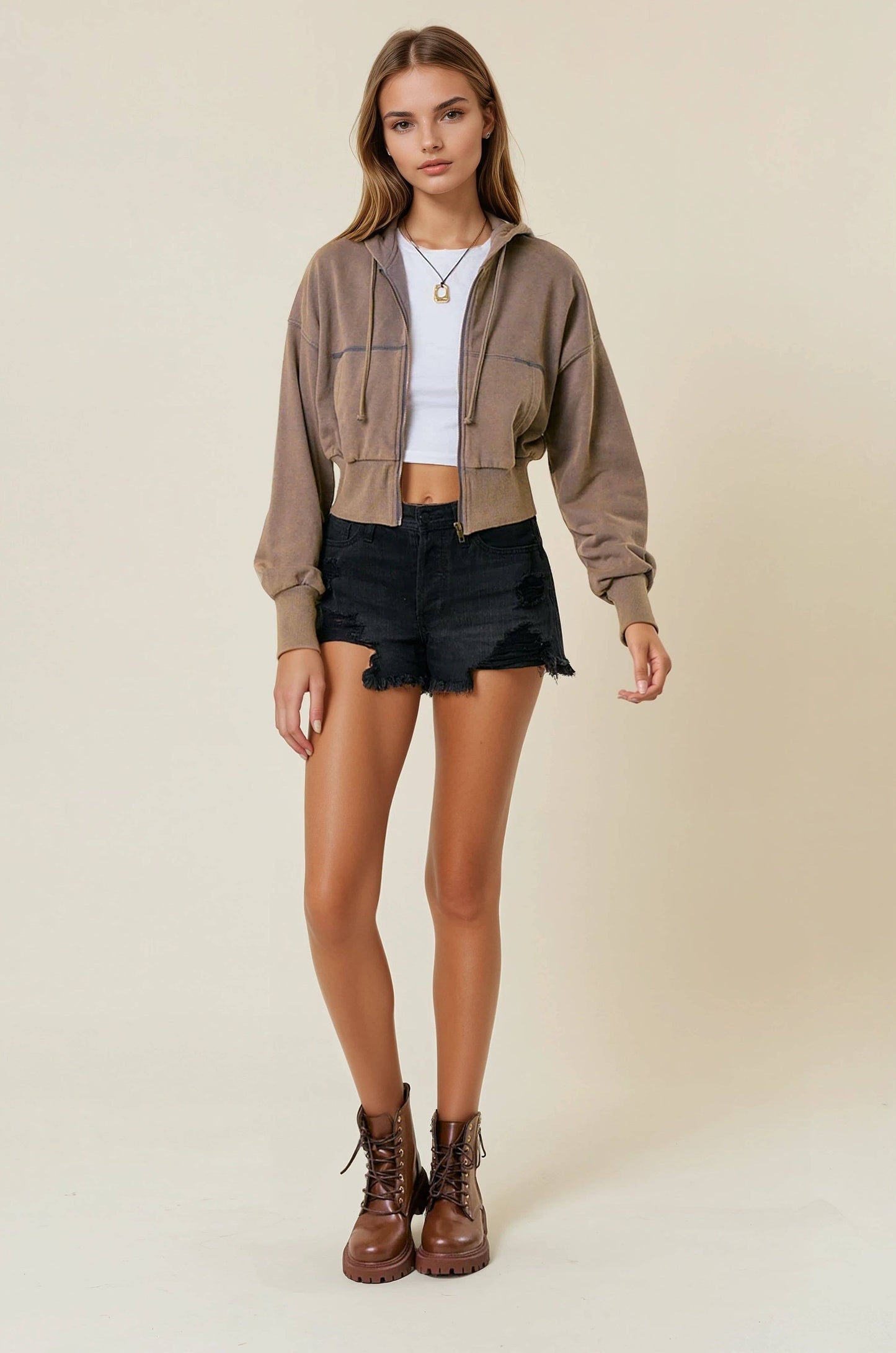 Vintage Washed Zip-Up Hoodie With Front Pockets - 10610J