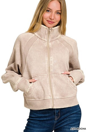 Acid Wash Zip Up Fleece Jacket ACID WASH ZIP-UP FLEECE JACKET