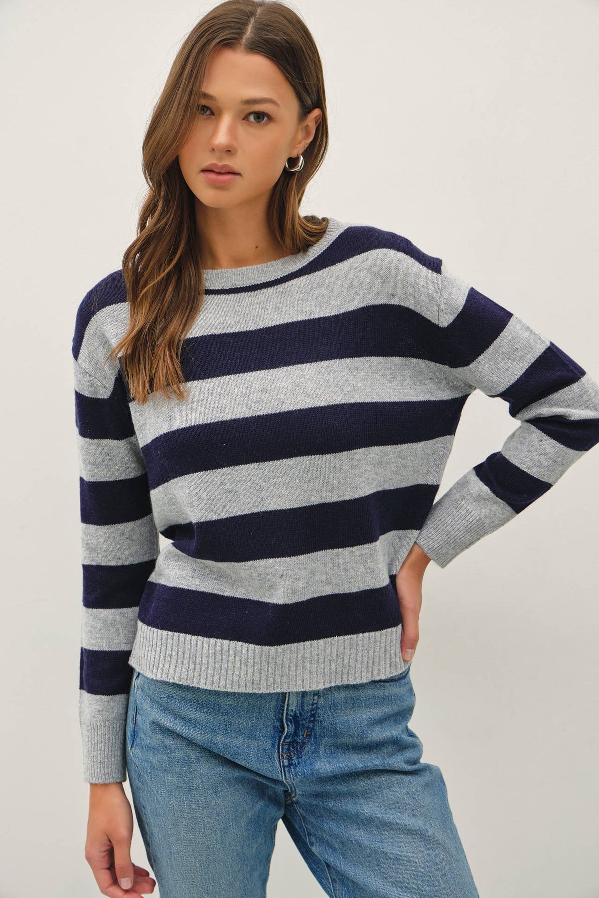 ANGORA BLEND RELAXED FIT WIDE STRIPED SWEATER