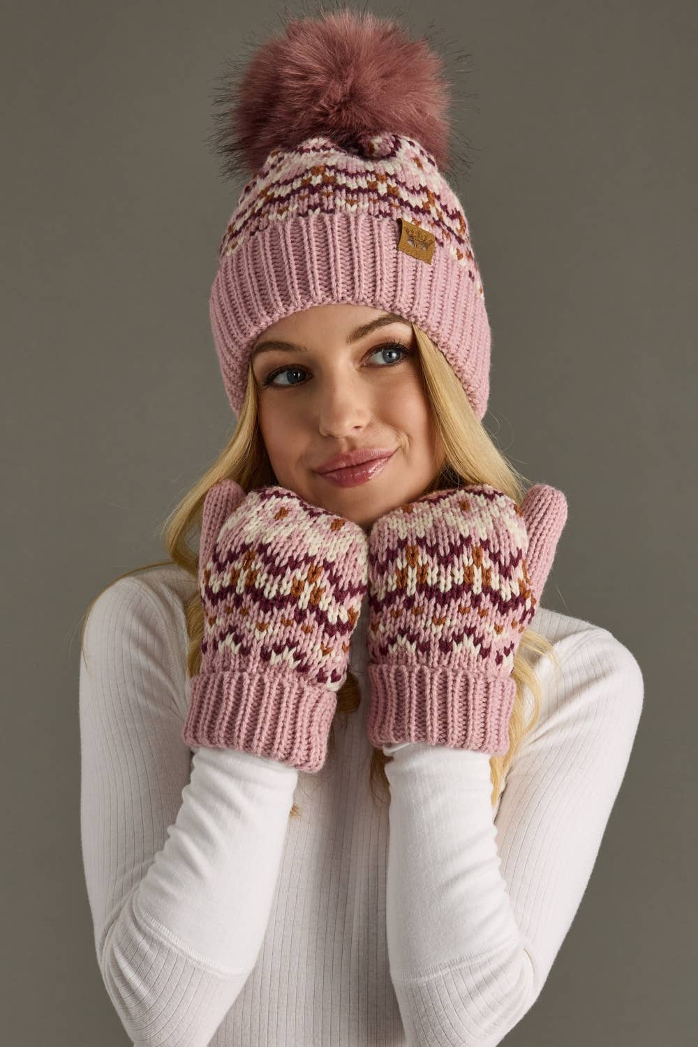 Pink, White & Rust Patterned Pom Hat