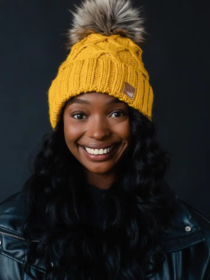 Mustard Diamond Cable Knit Pom Hat