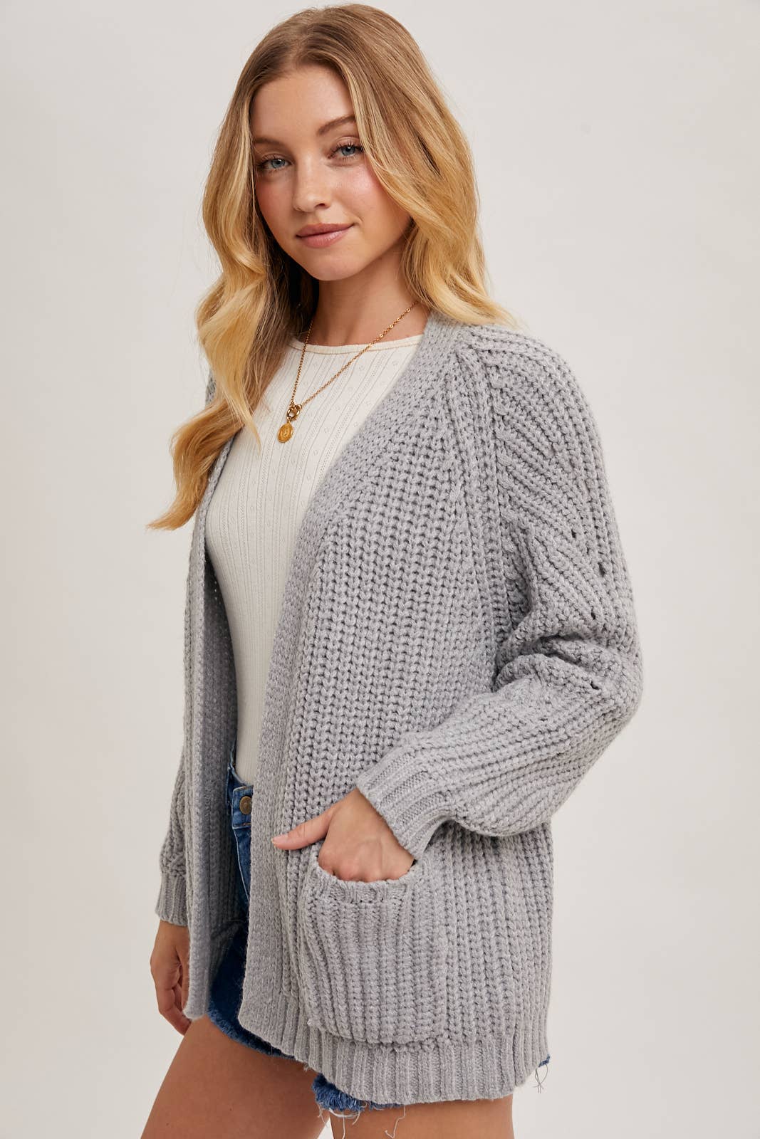 CHUNKY POINTELLE OPEN FRONT CARDIGAN