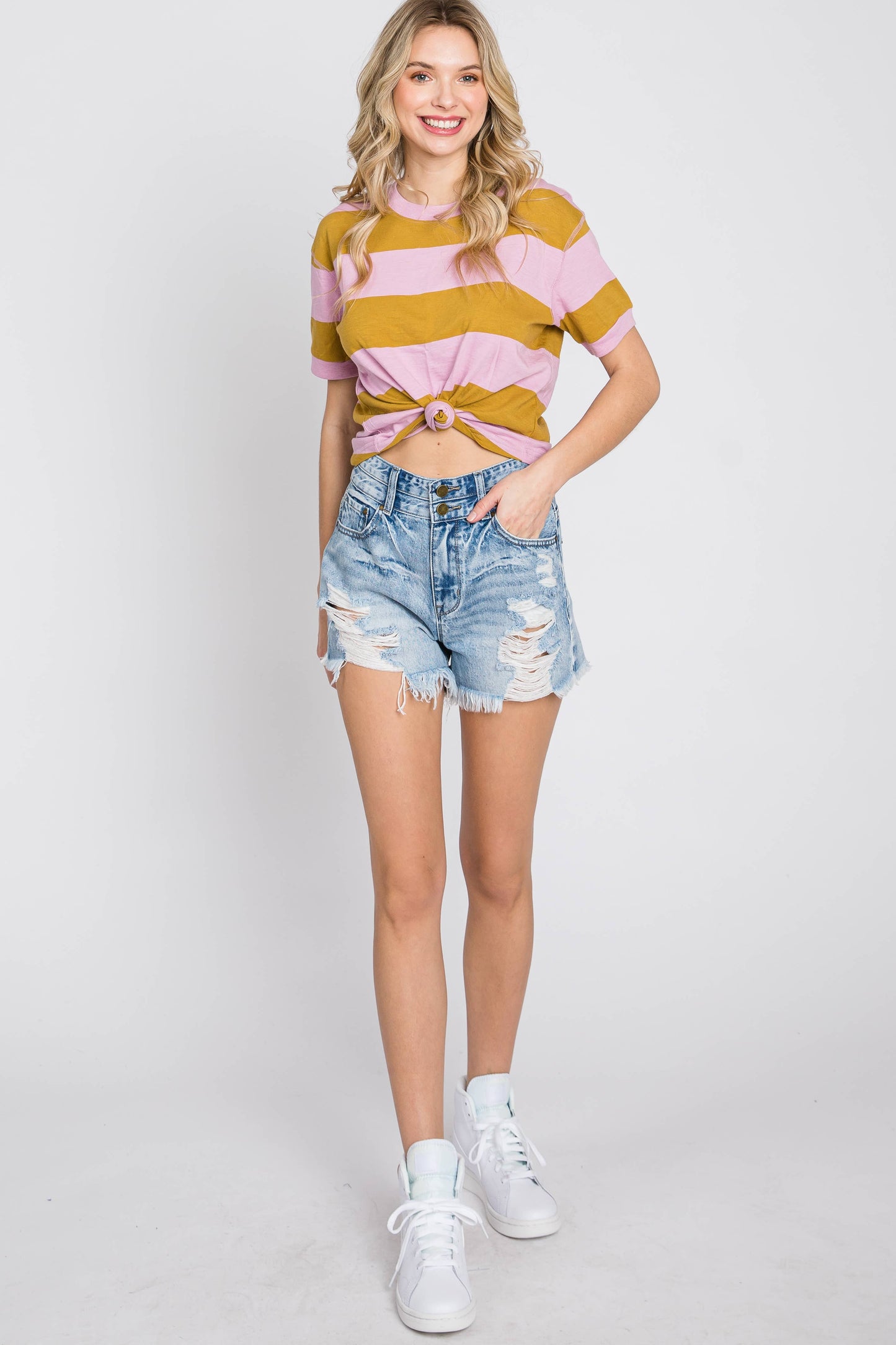 P443RMX-MD SUPER HIGH RISE RIGID PATCHED MOM SHORTS