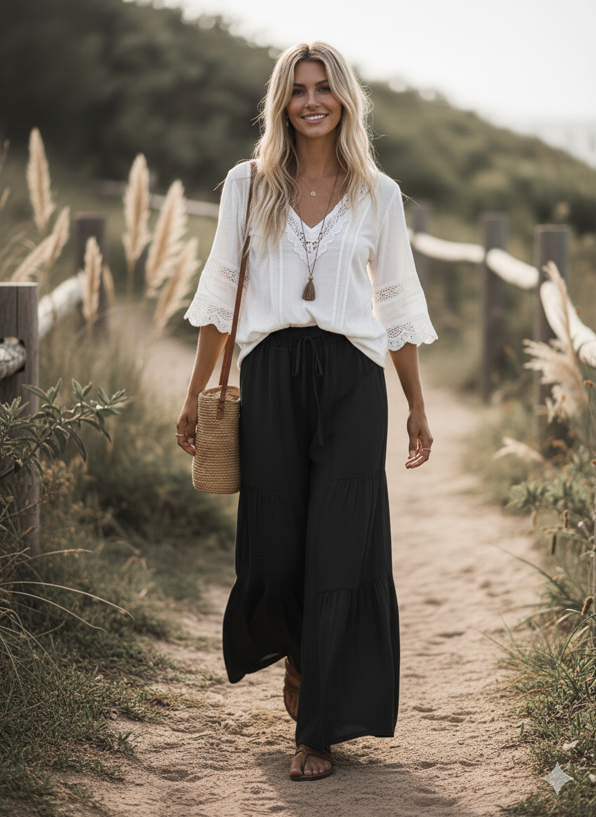 Linen Blend Tiered Wide Leg Palazzo Full Length Pants
