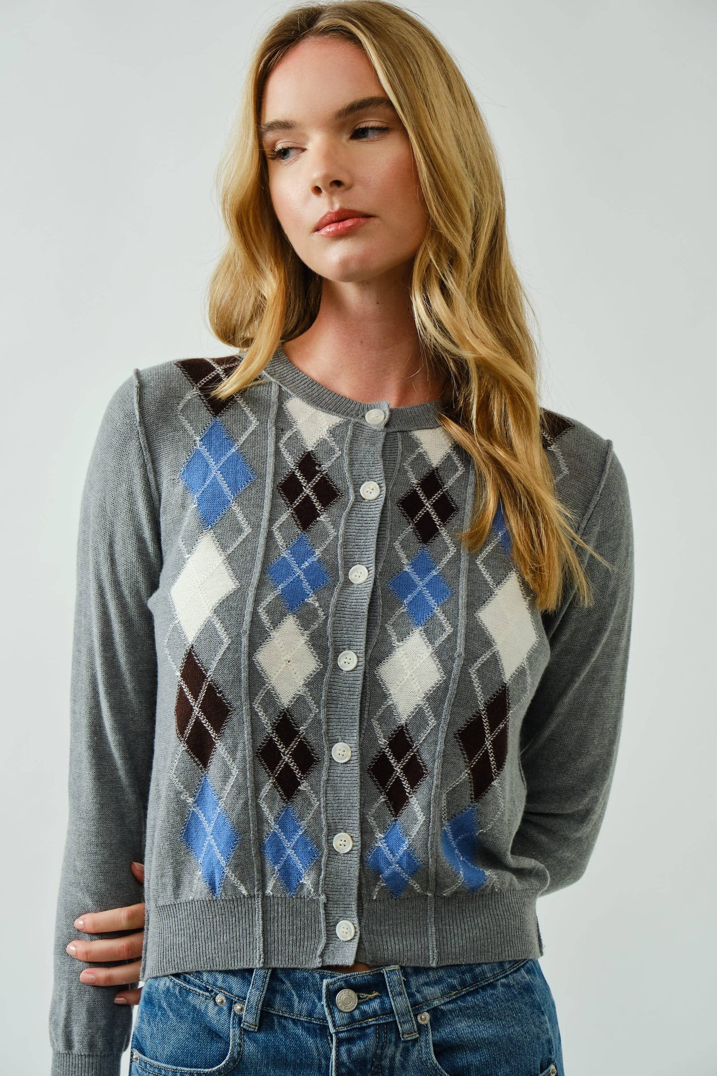 AJT5092 RELAXED FIT ARGYLE SWEATER CARDIGAN