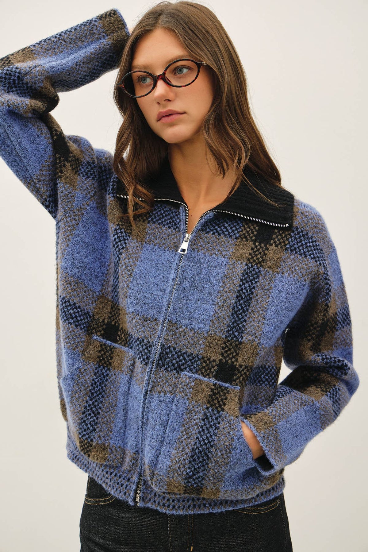 PLAID ZIP UP SWEATER JACKET