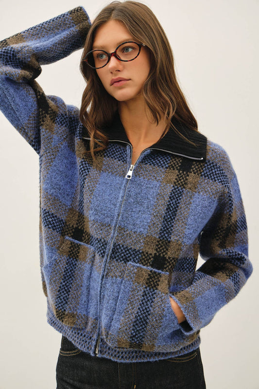 PLAID ZIP UP SWEATER JACKET