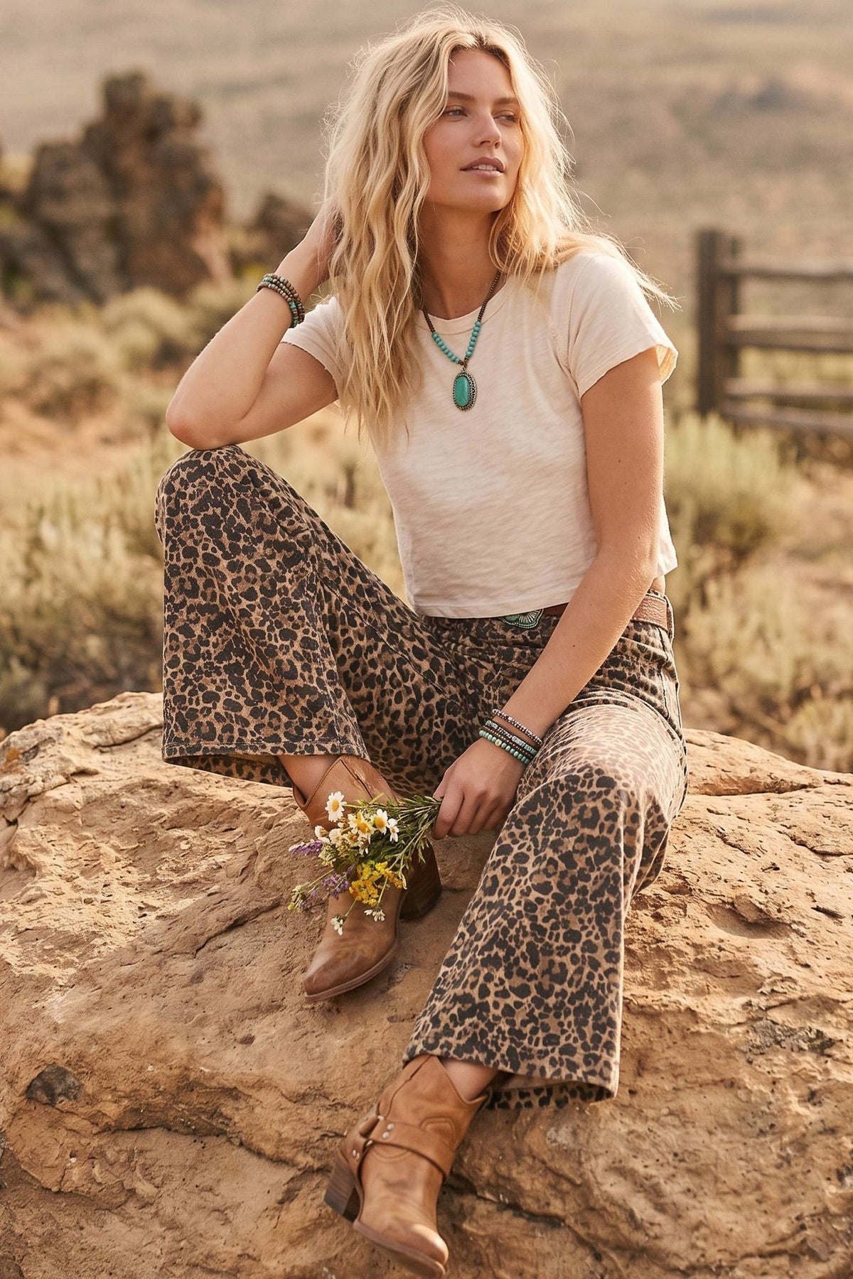 Stretch Twill Leopard Wide Leg Pants