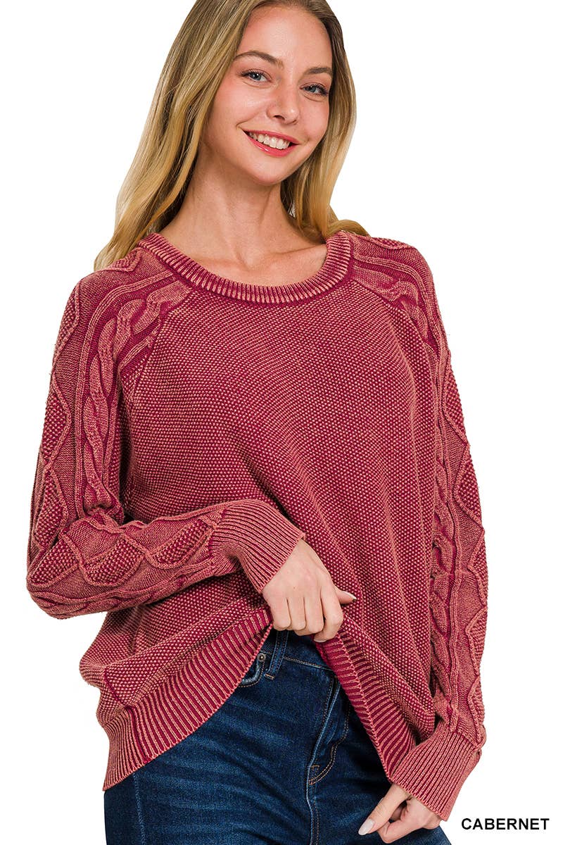 Washed Cable Sleeve Crewneck Sweater - Zenana