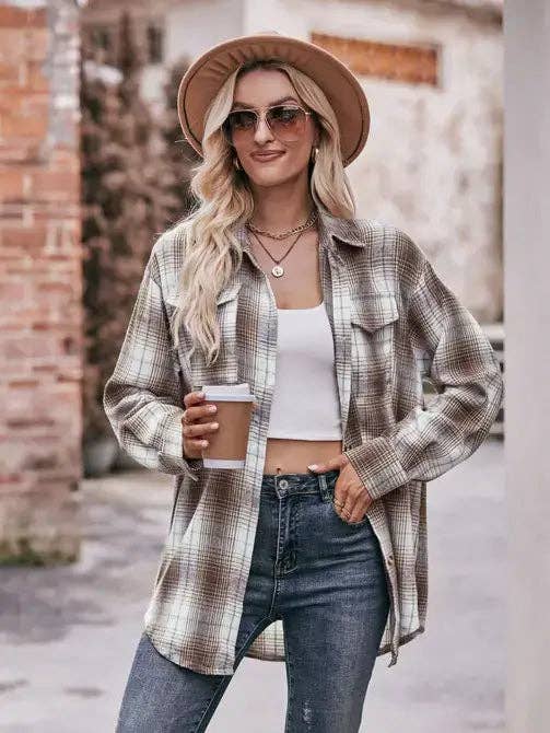 Women’s Caramel Plaid Oversized Flannel Button Down Shirt