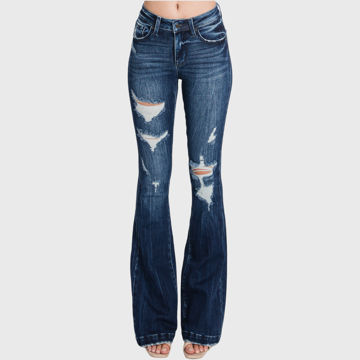 DISTRESSED MID RISE STRETCH FLARE