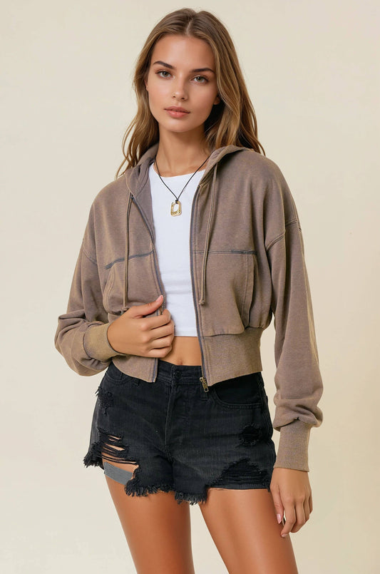 Vintage Washed Zip-Up Hoodie With Front Pockets - 10610J