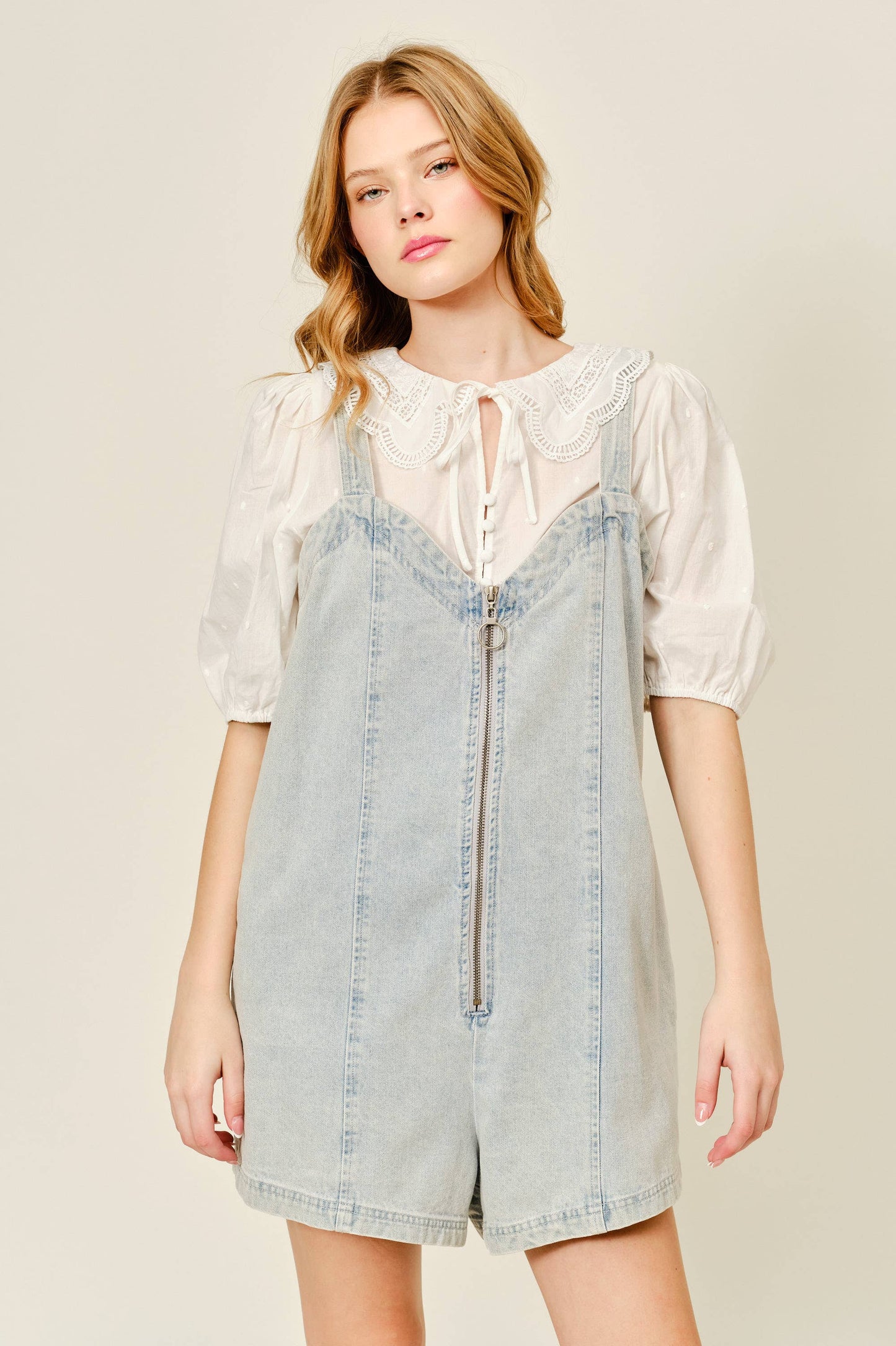 DENIM SLEEVELESS ROMPER WITH FRONT ZIPUP
