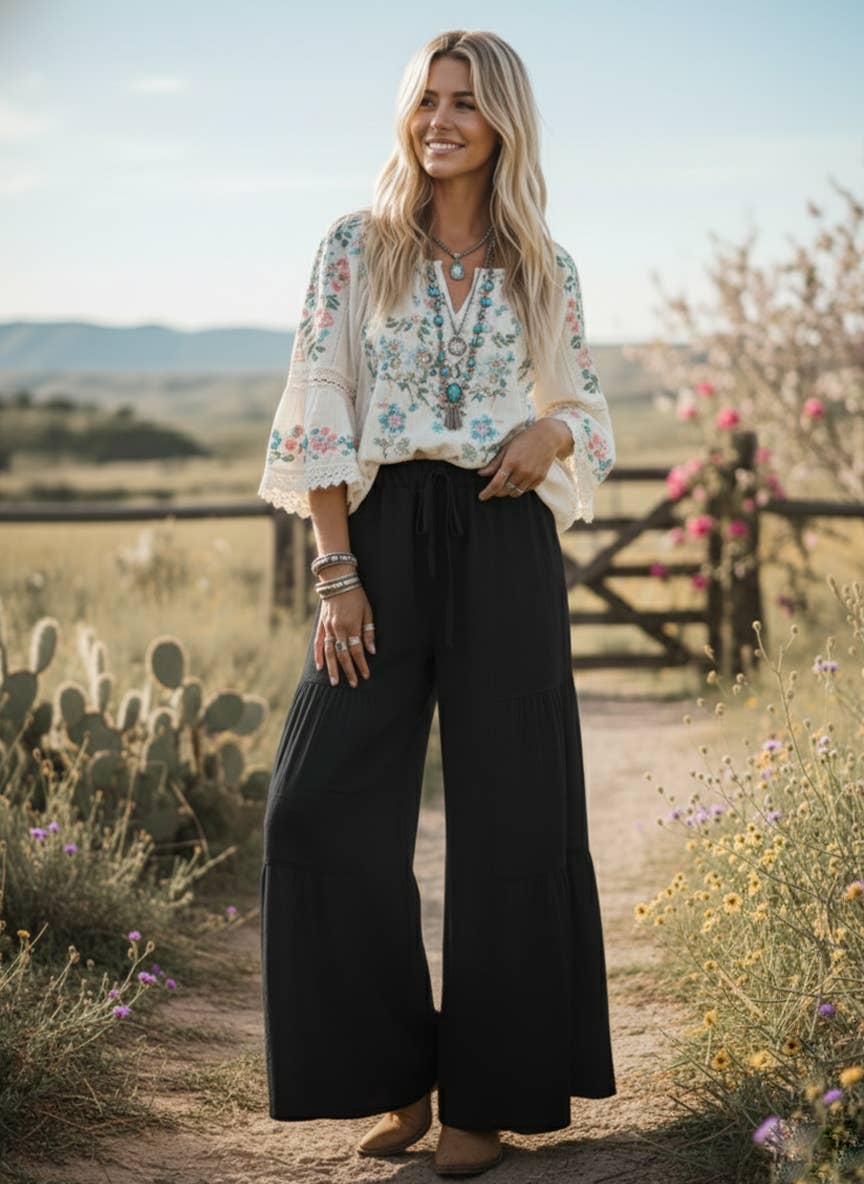 Linen Blend Tiered Wide Leg Palazzo Full Length Pants