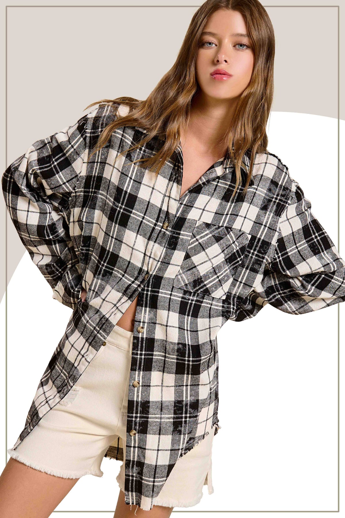 Plaid Acid Washed Cut Edge Button Down Shirt Fall