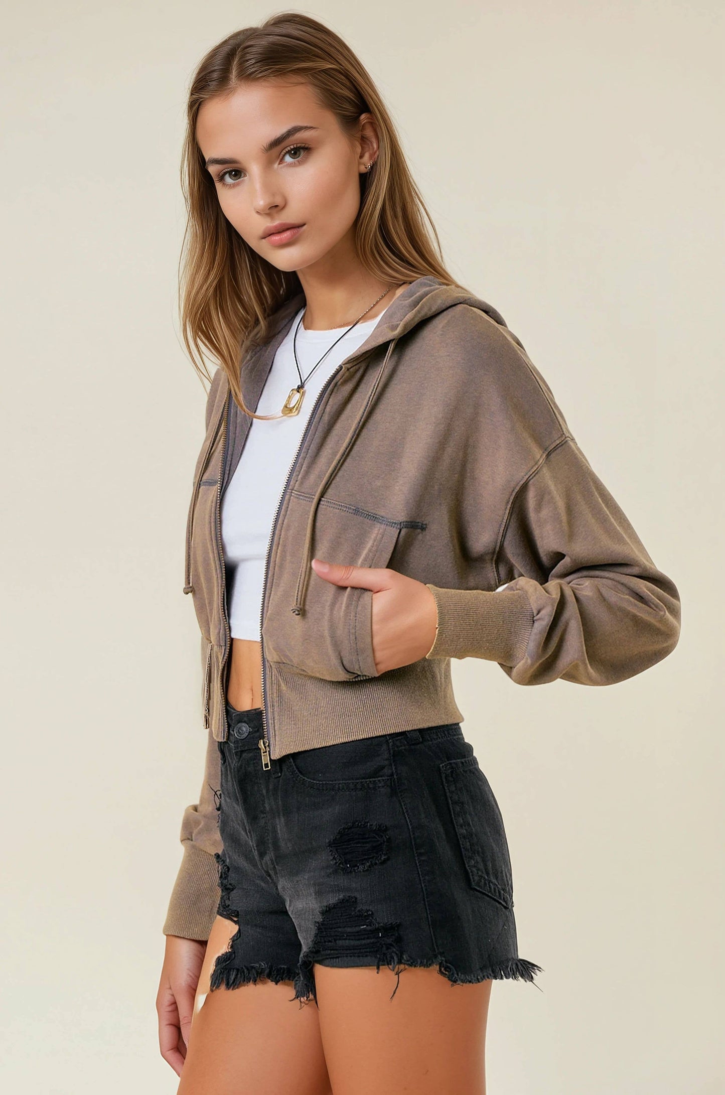 Vintage Washed Zip-Up Hoodie With Front Pockets - 10610J