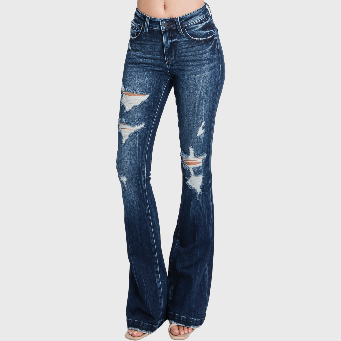 DISTRESSED MID RISE STRETCH FLARE
