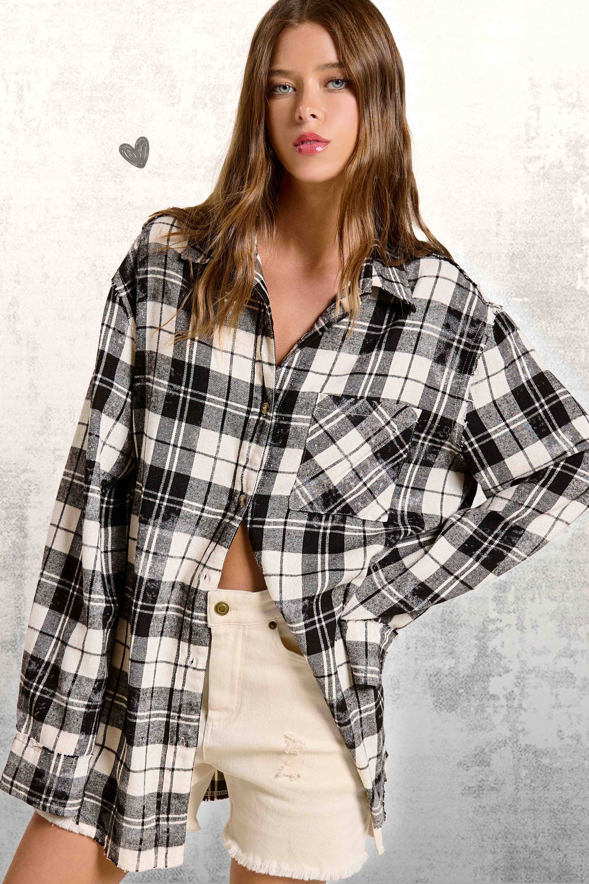 Plaid Acid Washed Cut Edge Button Down Shirt Fall