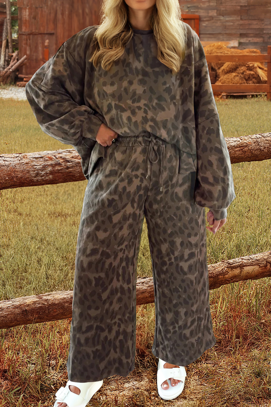 Leopard Raw Seam Patched Pullover Drawstring Loose Pant Set