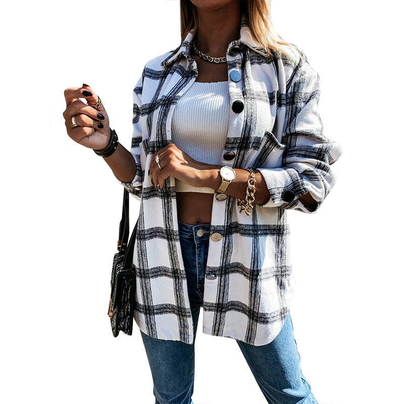 Plaid brushed shacket oversized button front