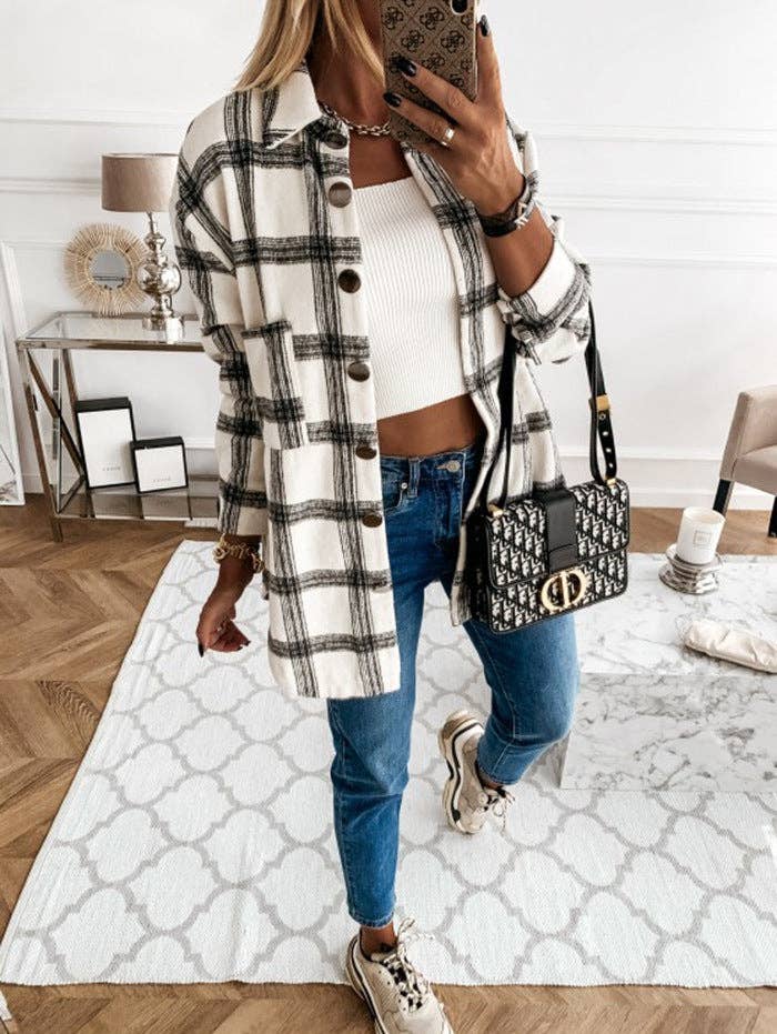 Plaid brushed shacket oversized button front