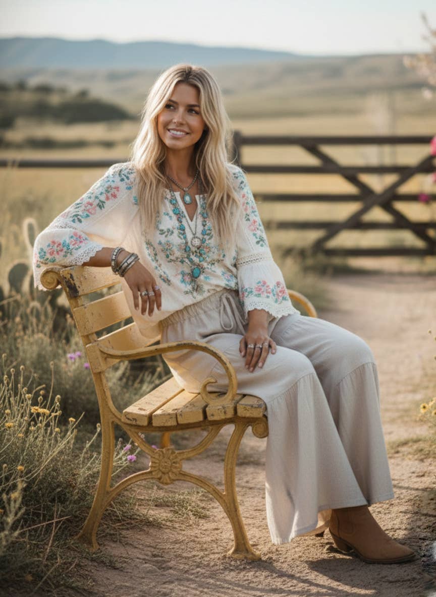 Linen Blend Tiered Wide Leg Palazzo Full Length Pants