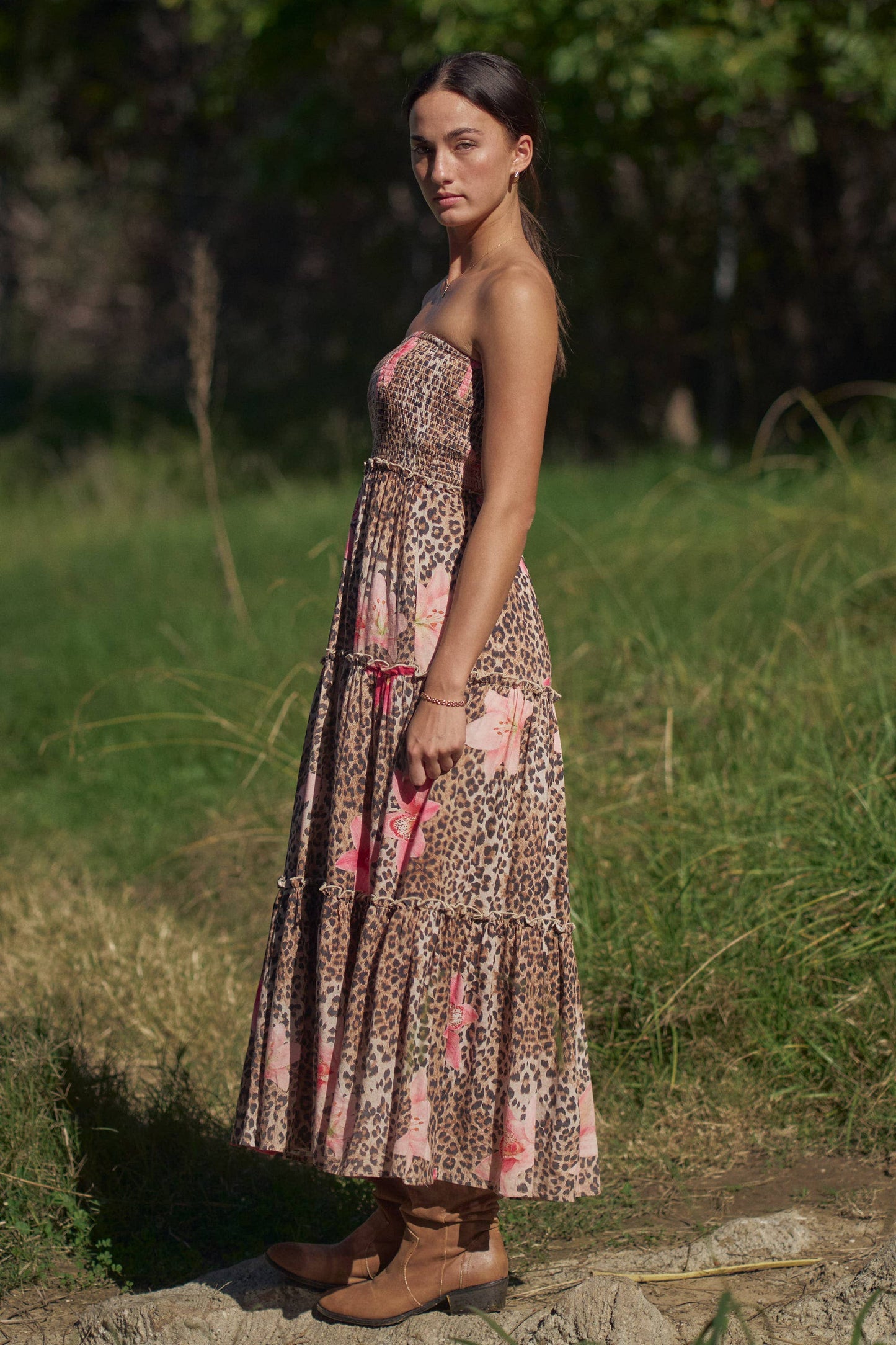 STRAPLESS SMOCKED TIERED MAXI DRESS