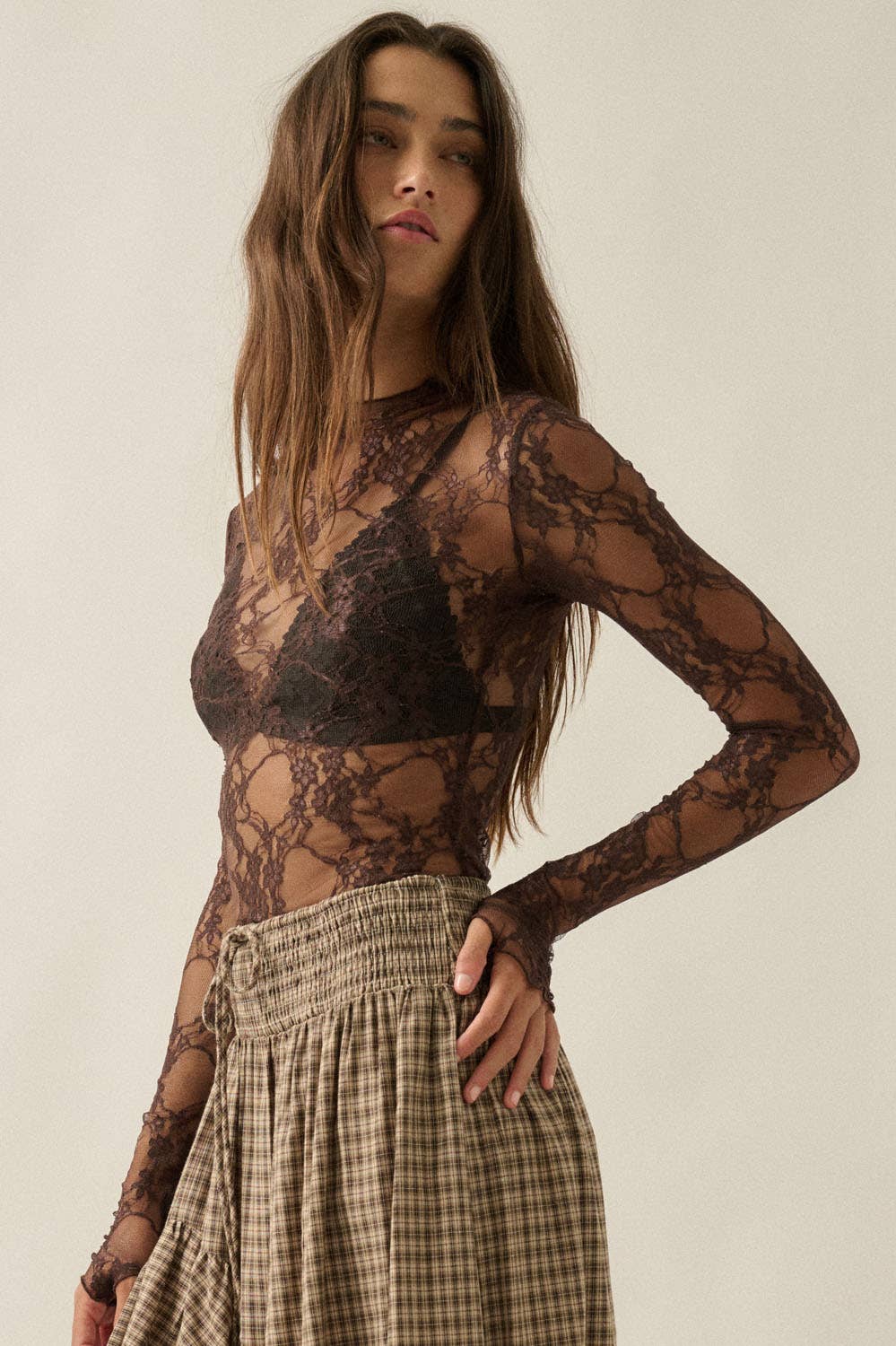 Sheer Floral Lace Mock-Neck Long-Sleeve Thumbhole Top