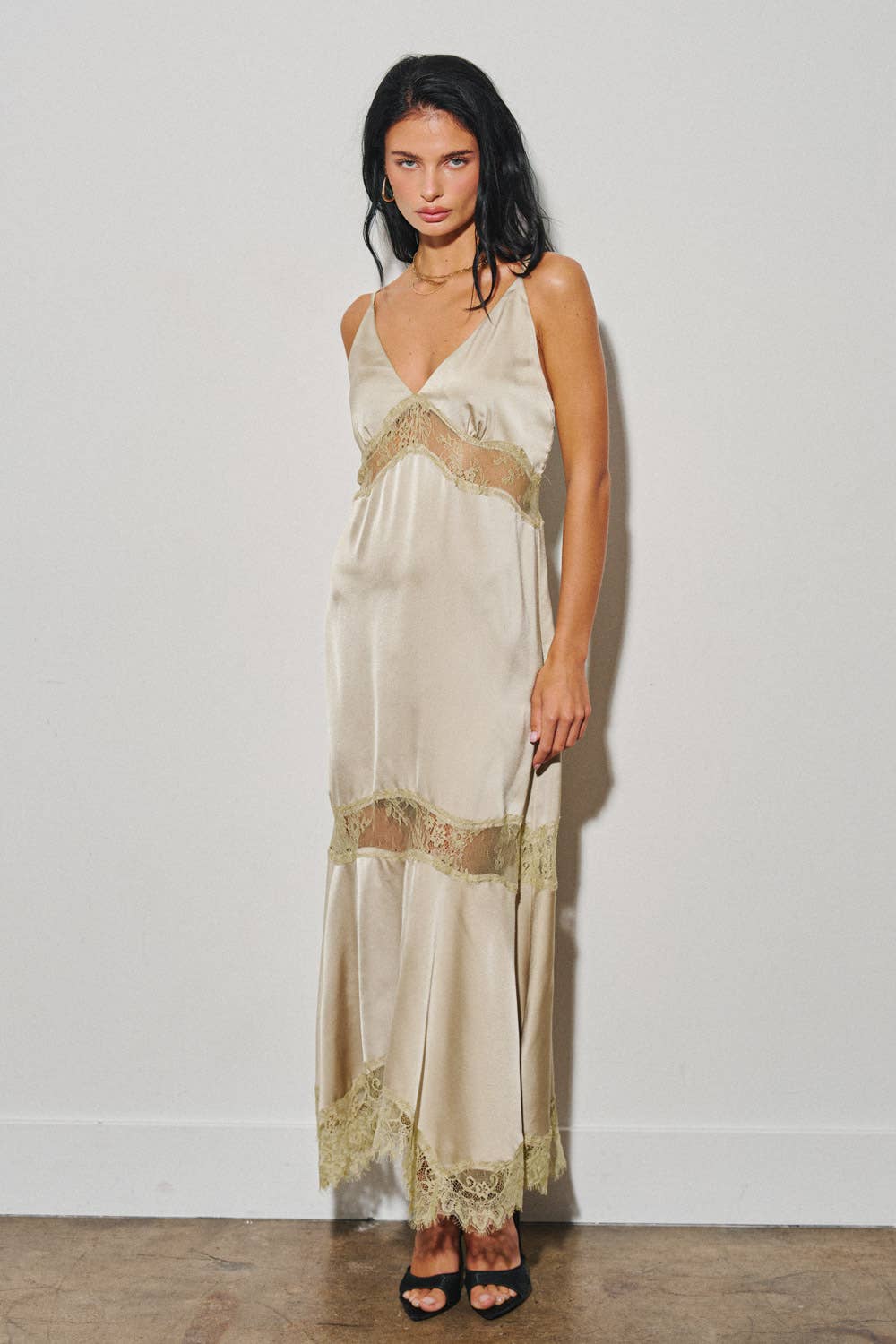 LADIES WOVEN SATIN LACE TRIM MAXI DRESS
