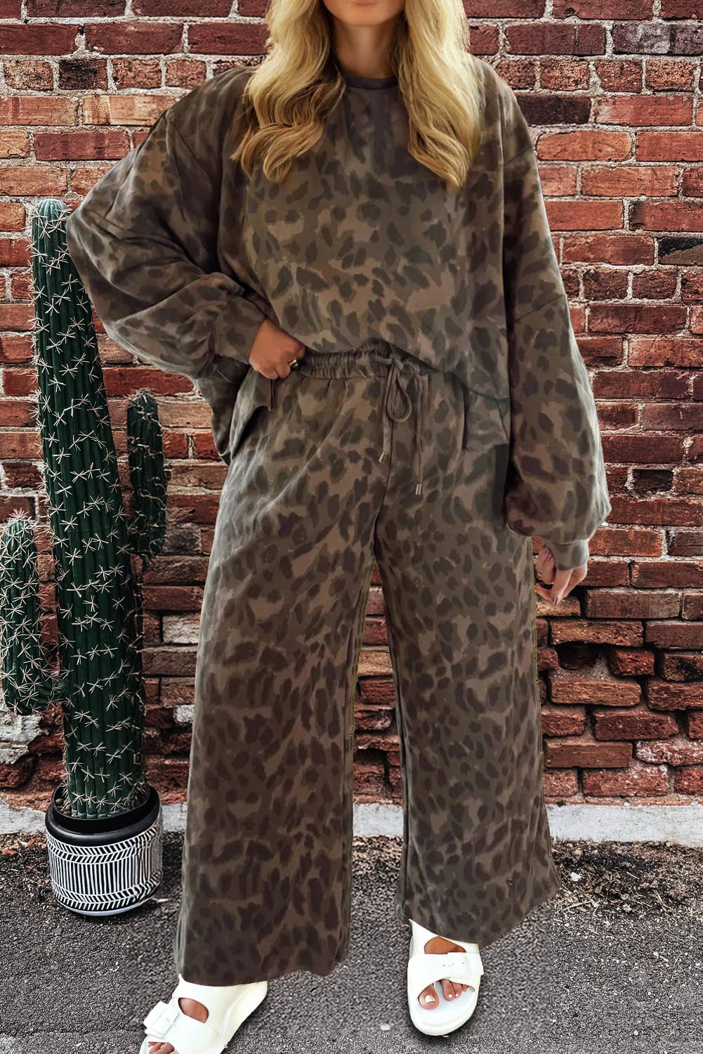 Leopard Raw Seam Patched Pullover Drawstring Loose Pant Set