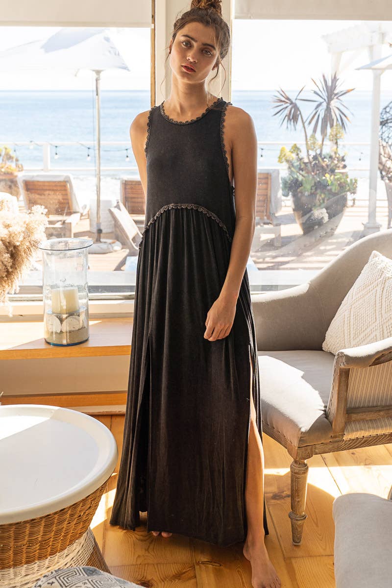 Sleeveless racerback back zipper front slit knit maxi dress