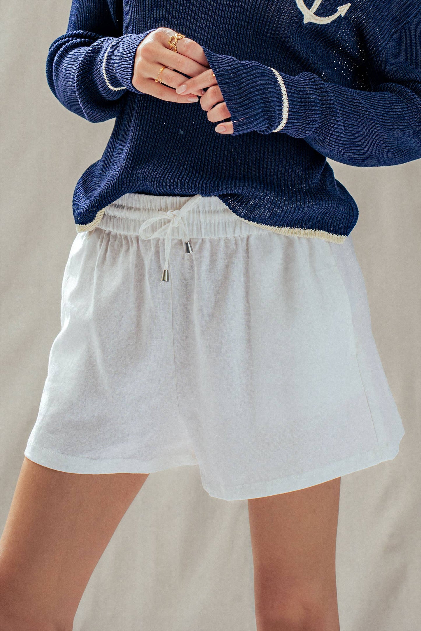 Linen Blend Elastic Waist Drawstring Shorts