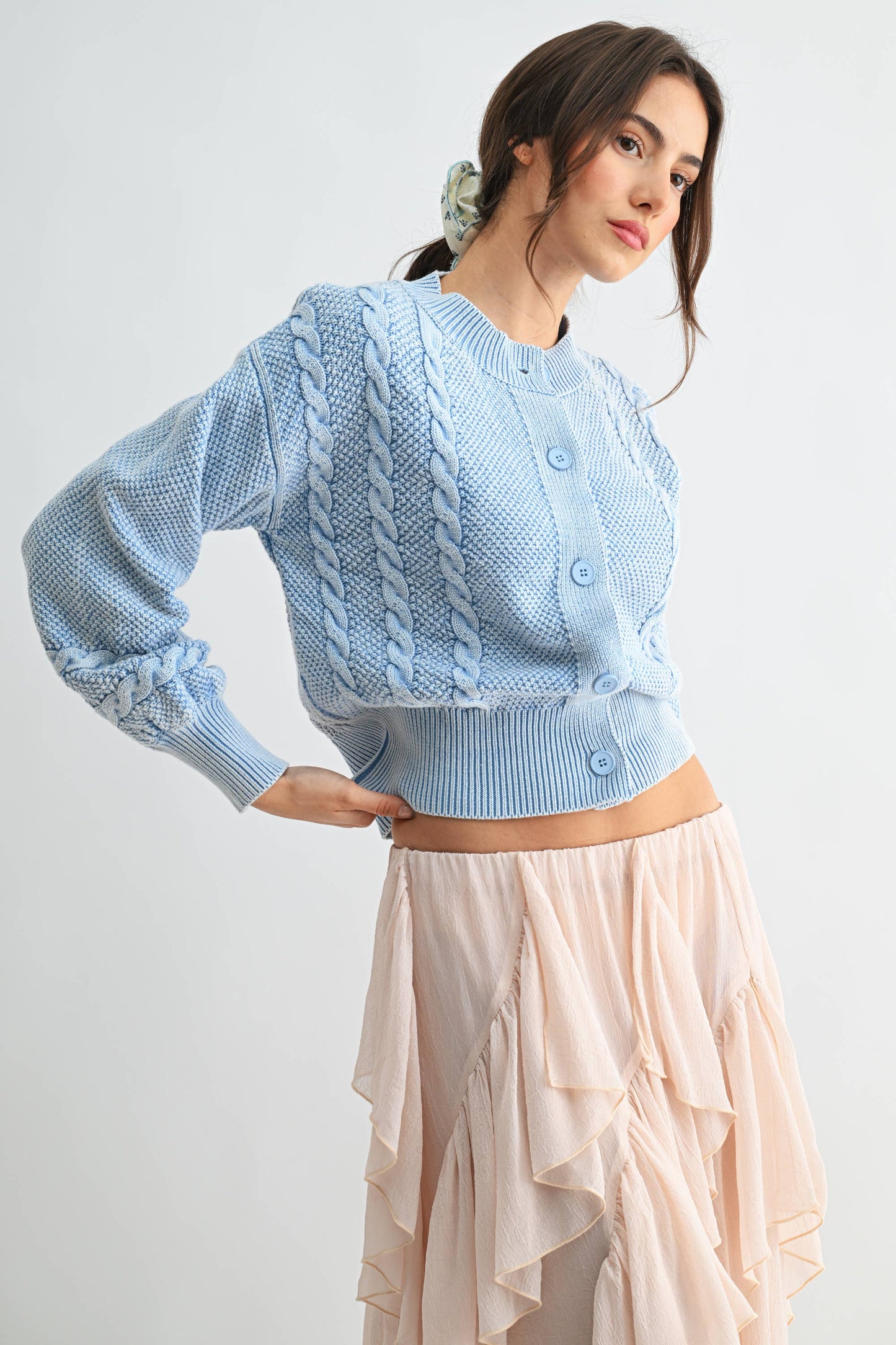 WASHED BLENDED BROWN CABLE KNIT CARDIGAN