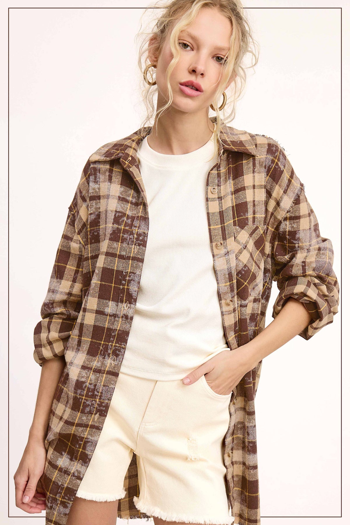 Plaid Acid Washed Cut Edge Button Down Shirt Fall