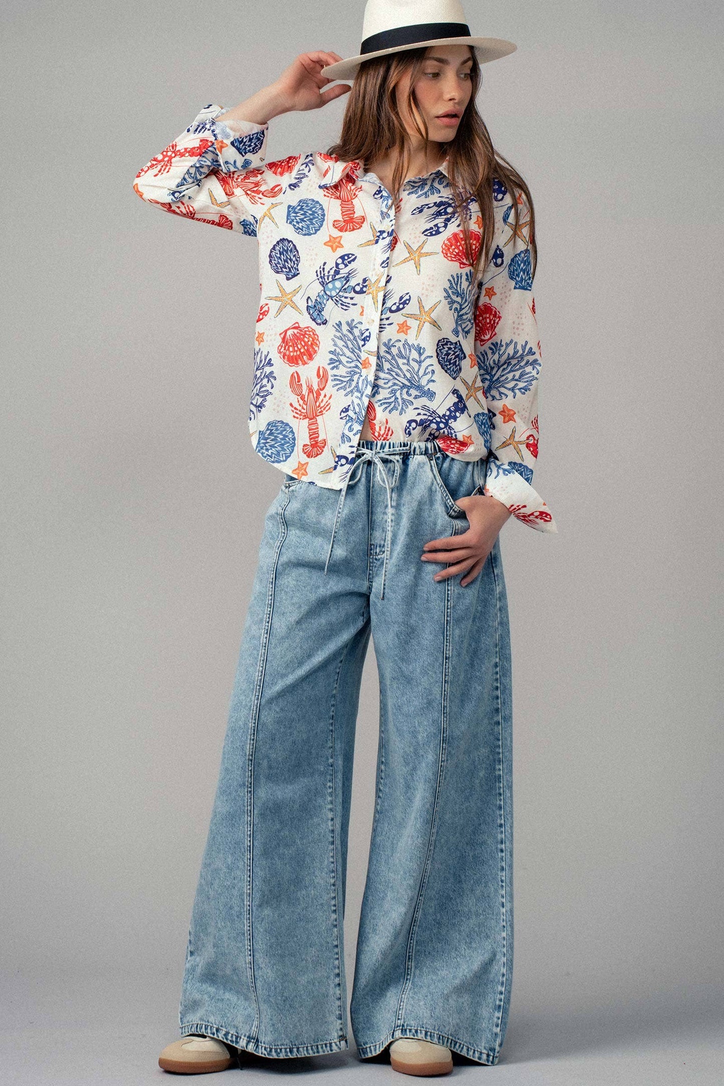 Relaxed Wide Leg Drawstring Western Pants