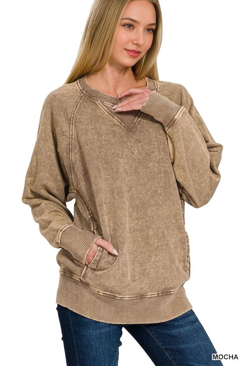 Acid Wash French Terry Pullover w// Pockets - Zenana