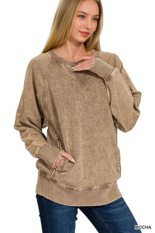 Acid Wash French Terry Pullover w// Pockets - Zenana