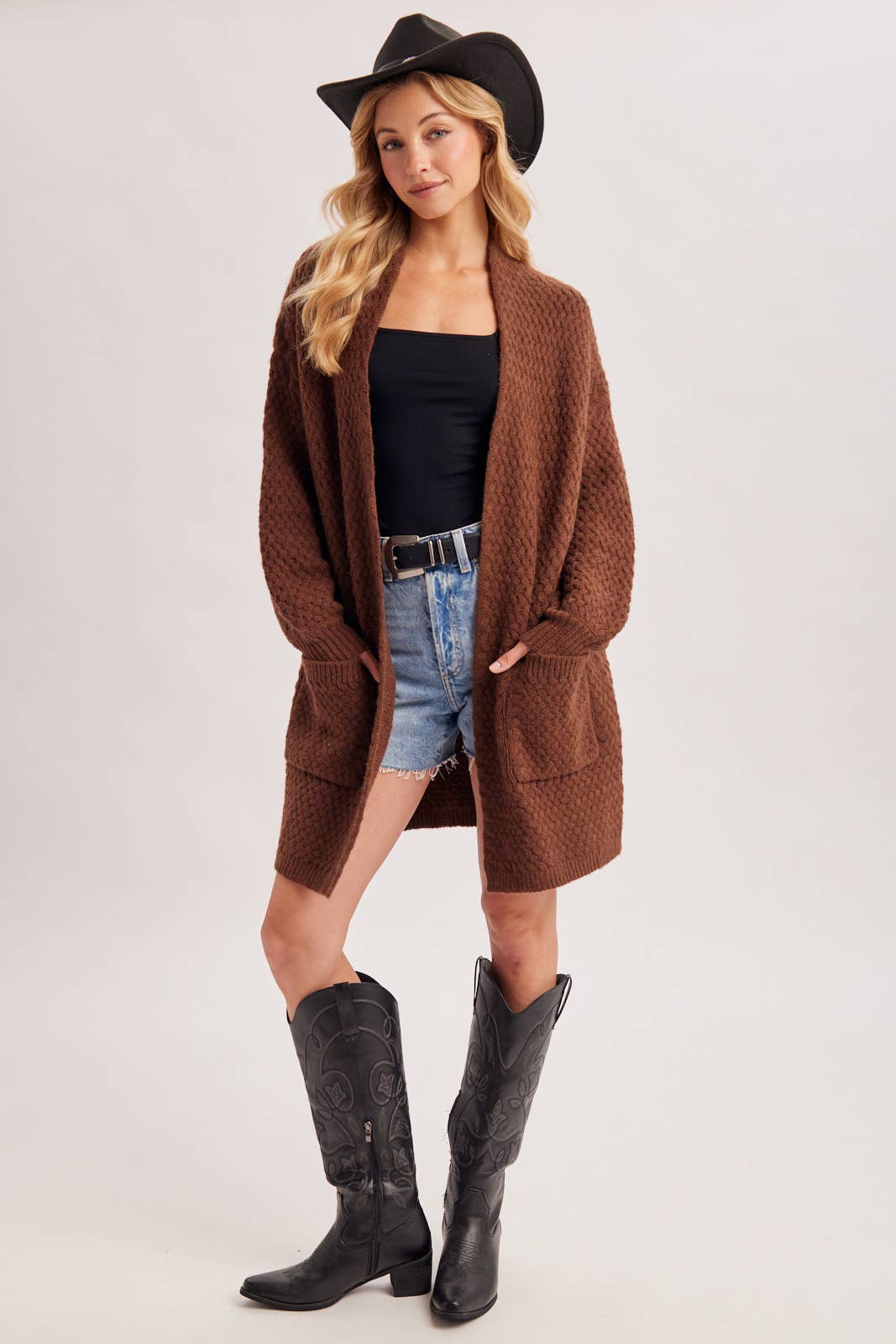 BASKET WEAVE LONGLINE CARDIGAN