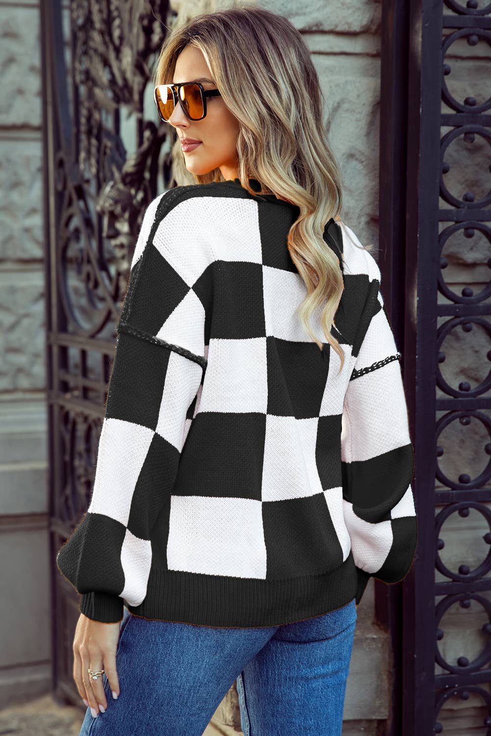 Valentine Spring Checkered Bishop Sleeve Sweater | 11 Colors