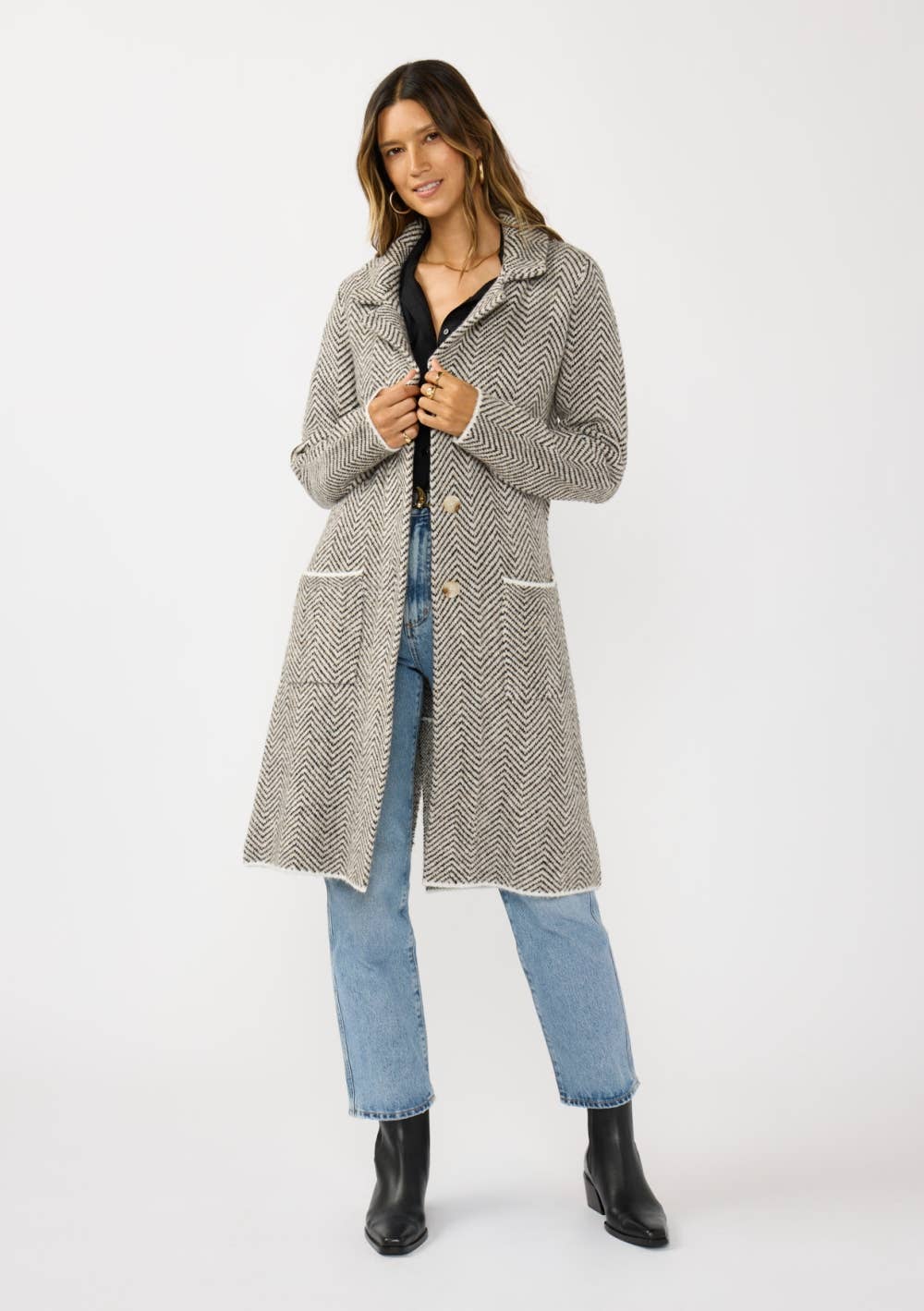 Herringbone Long Sleeve Button Front Coatigan