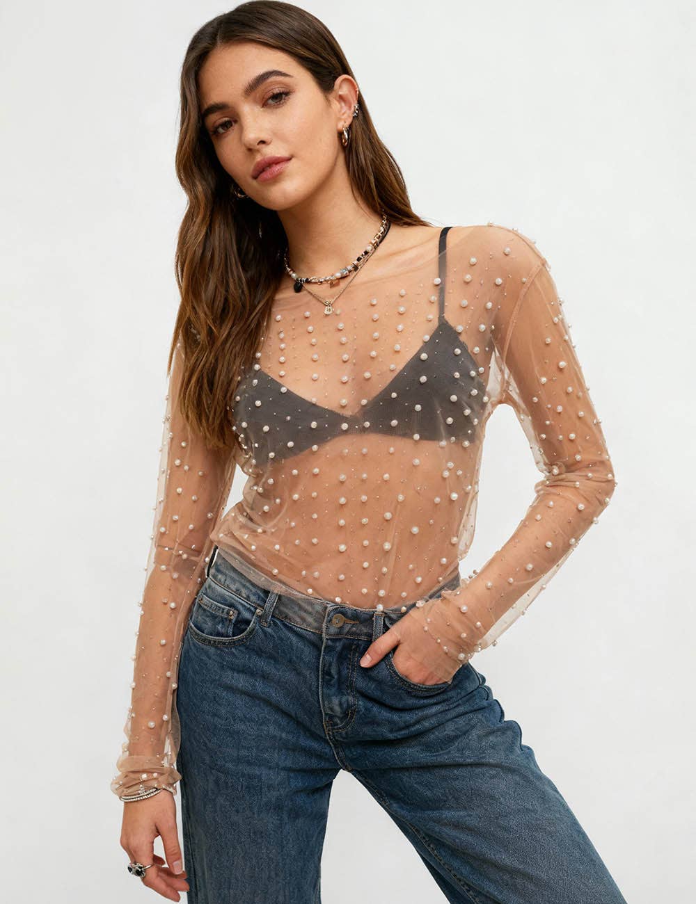 Pearl Rhinestone Studded See Through Mesh Crop Top SKT1976