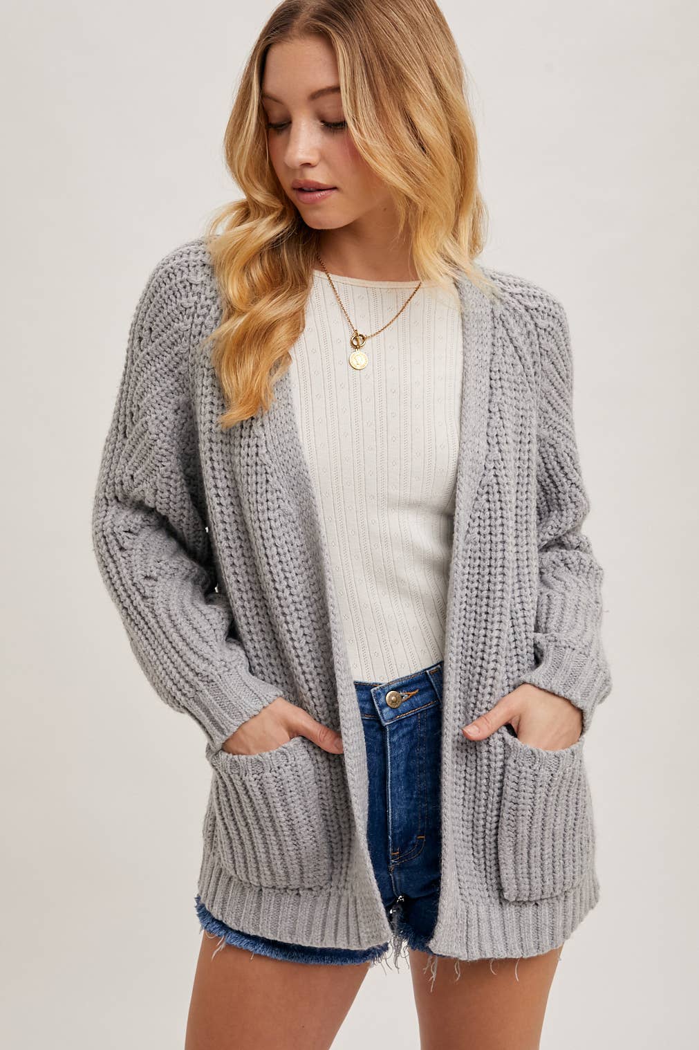 CHUNKY POINTELLE OPEN FRONT CARDIGAN