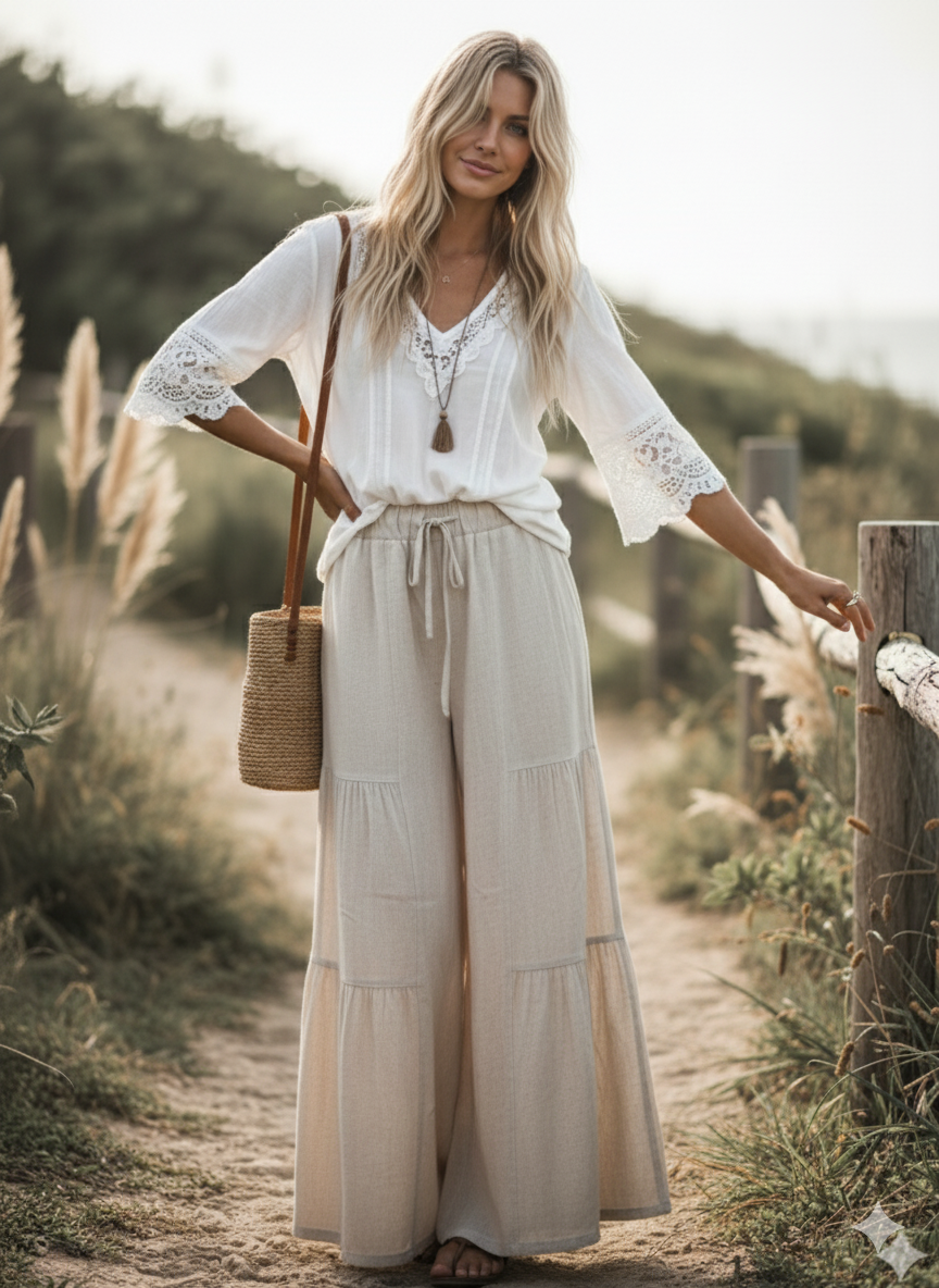 Linen Blend Tiered Wide Leg Palazzo Full Length Pants