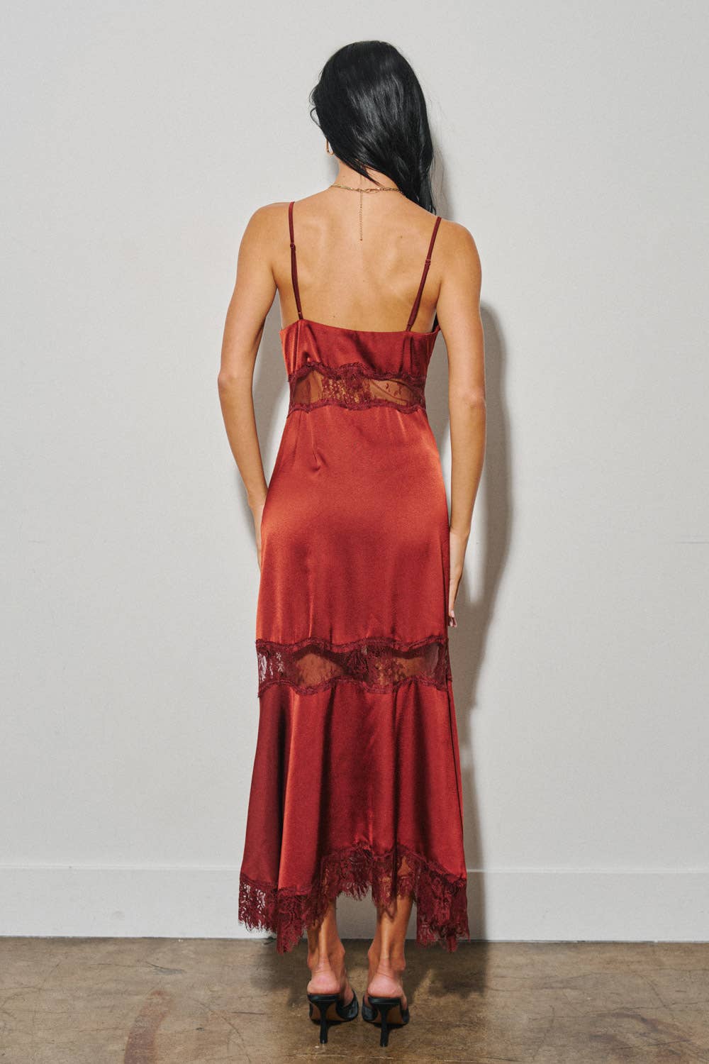 LADIES WOVEN SATIN LACE TRIM MAXI DRESS