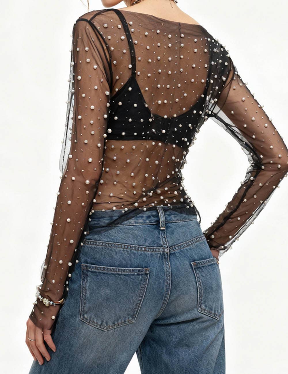 Pearl Rhinestone Studded See Through Mesh Crop Top SKT1976