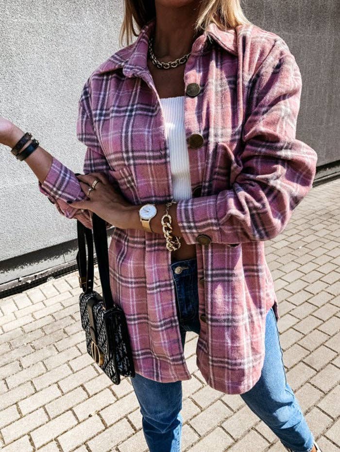 Plaid brushed shacket oversized button front